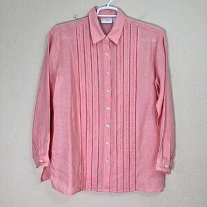 Liz Claiborne Size M Women Pink Peach 100% Linen Pleated Button Tunic Blouse Top